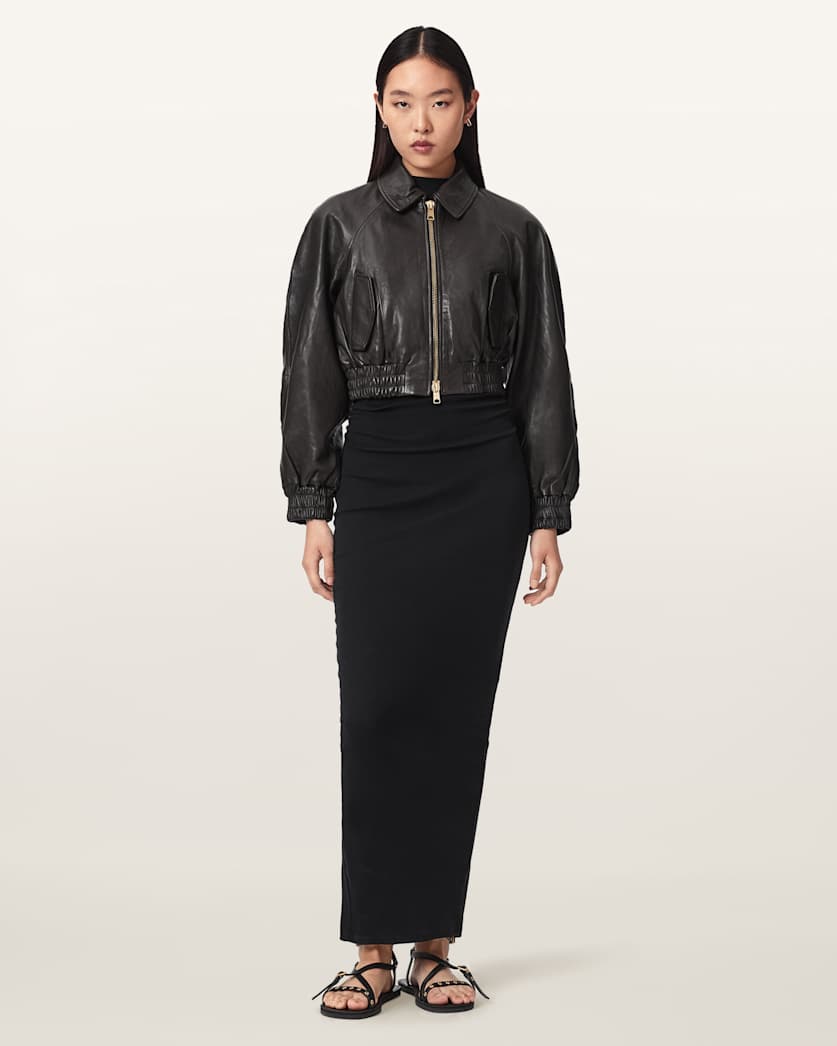 AllSaints Anouk Cropped Leather Bomber Jacket Women's Mole Brown Women's