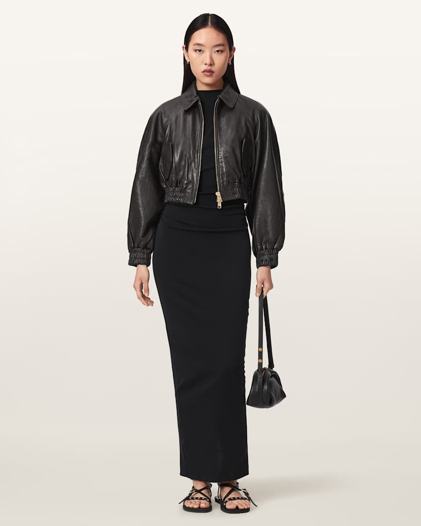 AllSaints Anouk Cropped Leather Bomber Jacket Women's Mole Brown Women's