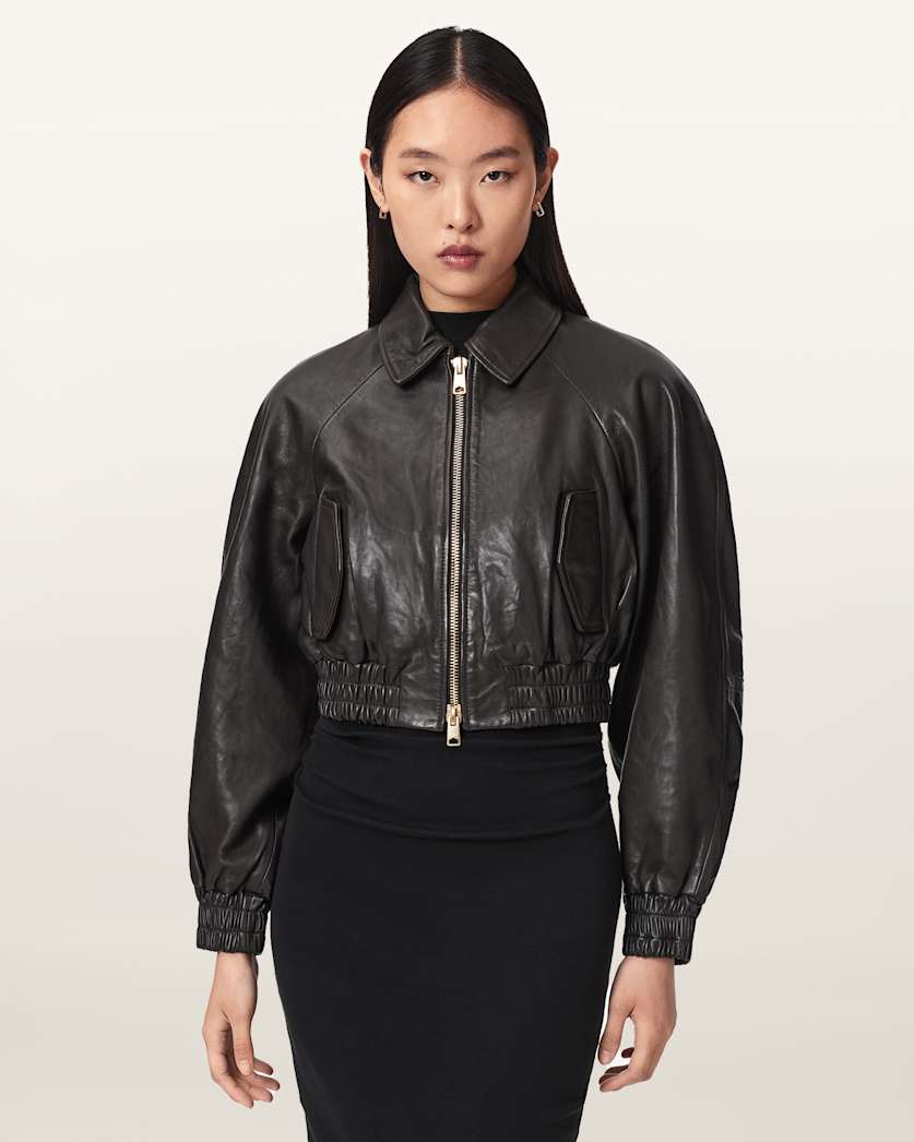 AllSaints Anouk Cropped Leather Bomber Jacket Women's Mole Brown Women's