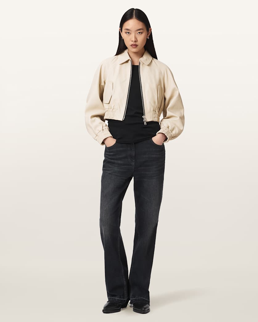 AllSaints Anouk Cropped Leather Bomber Jacket Women's Mole Brown Women's