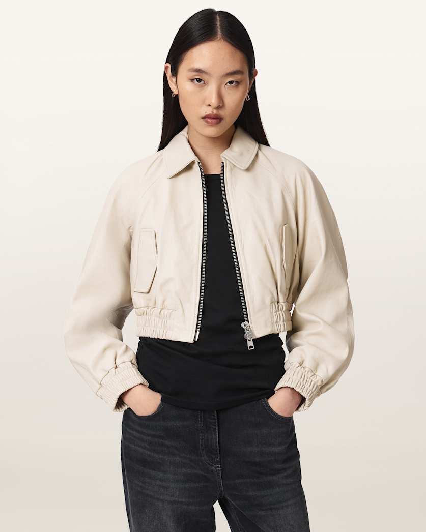 AllSaints Anouk Cropped Leather Bomber Jacket Women's Mole Brown Women's