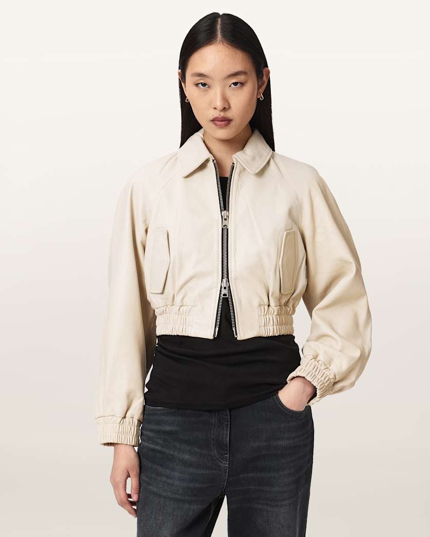 AllSaints Anouk Cropped Leather Bomber Jacket Women's Mole Brown Women's