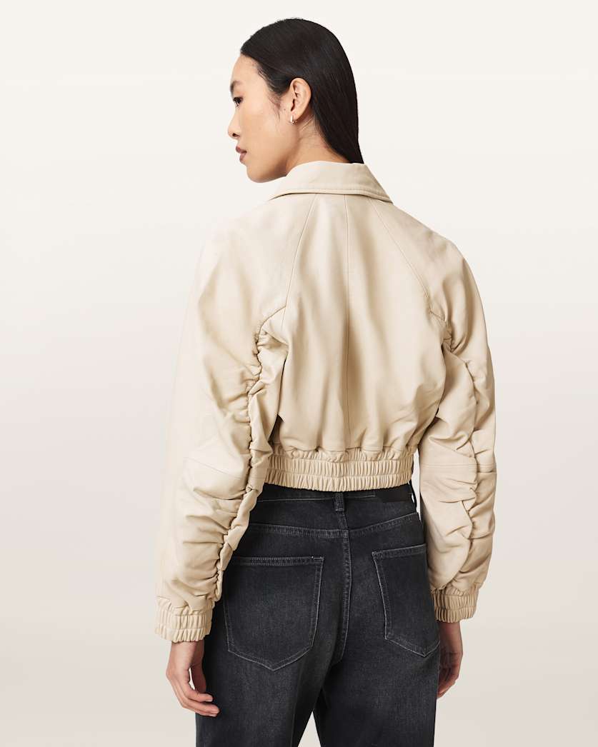 AllSaints Anouk Cropped Leather Bomber Jacket Women's Mole Brown Women's