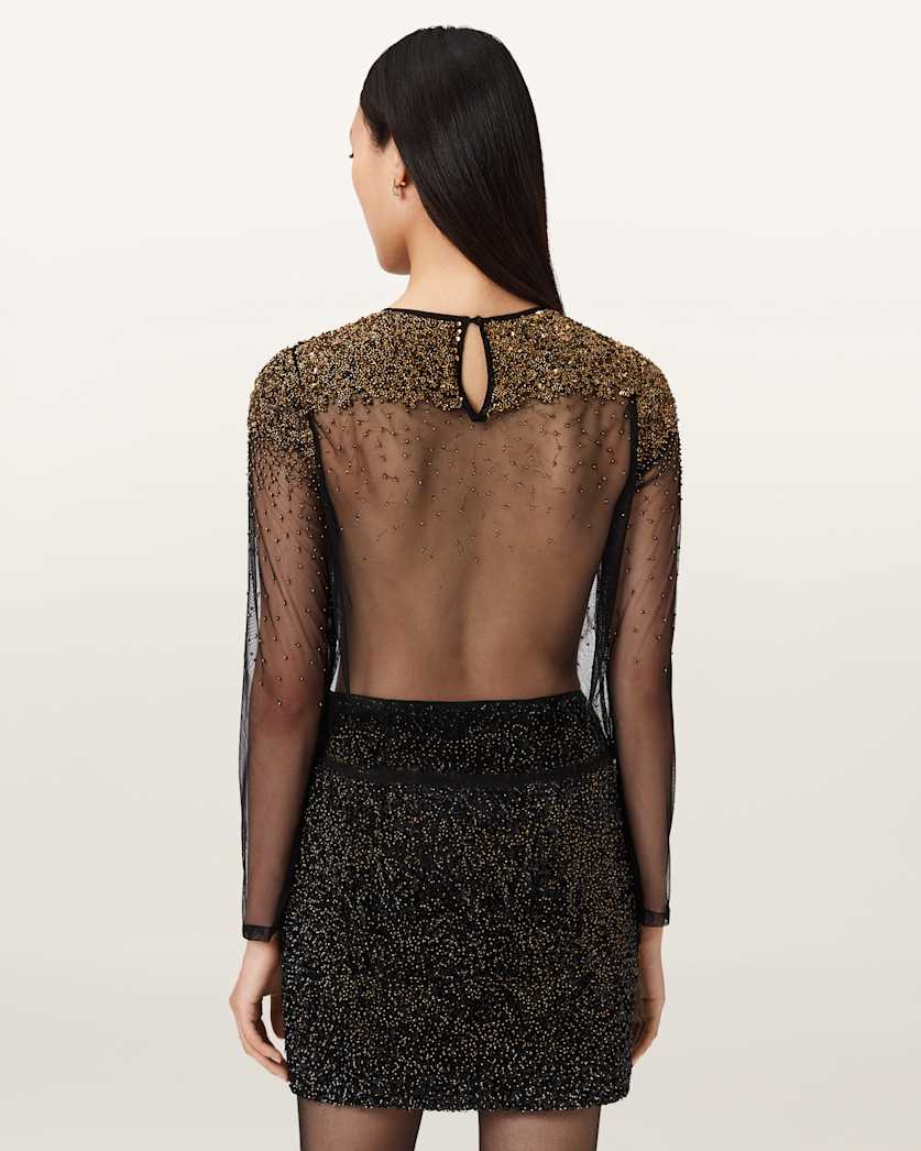 AllSaints Greta Butterfly Embellished Top Women's Black/Gold Women's