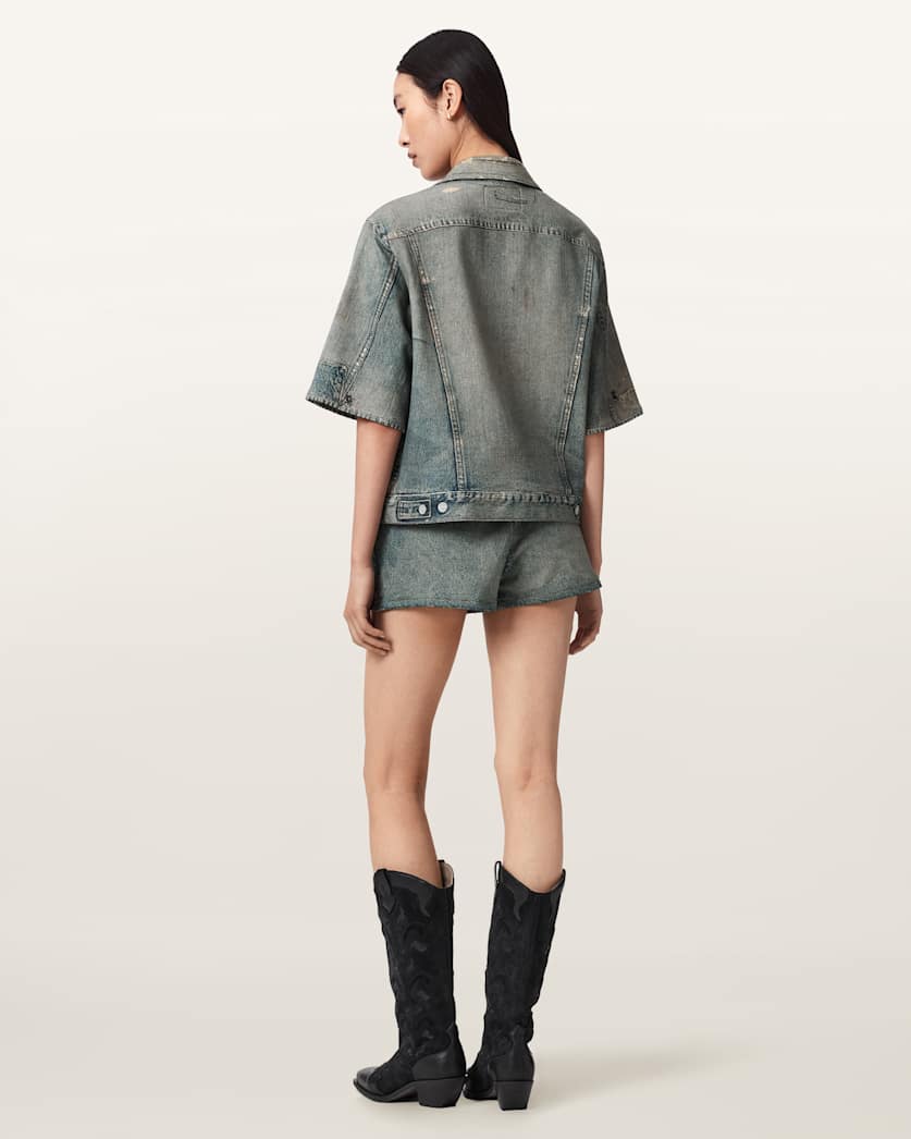 AllSaints Asher Terry High Waisted Denim Illusion Shorts Women's Illusion Tint Blue Women's
