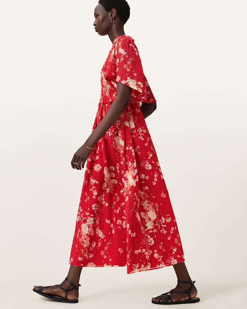 AllSaints Mya Floral Print Shirred Midi Dress Women's Armada Red Women's