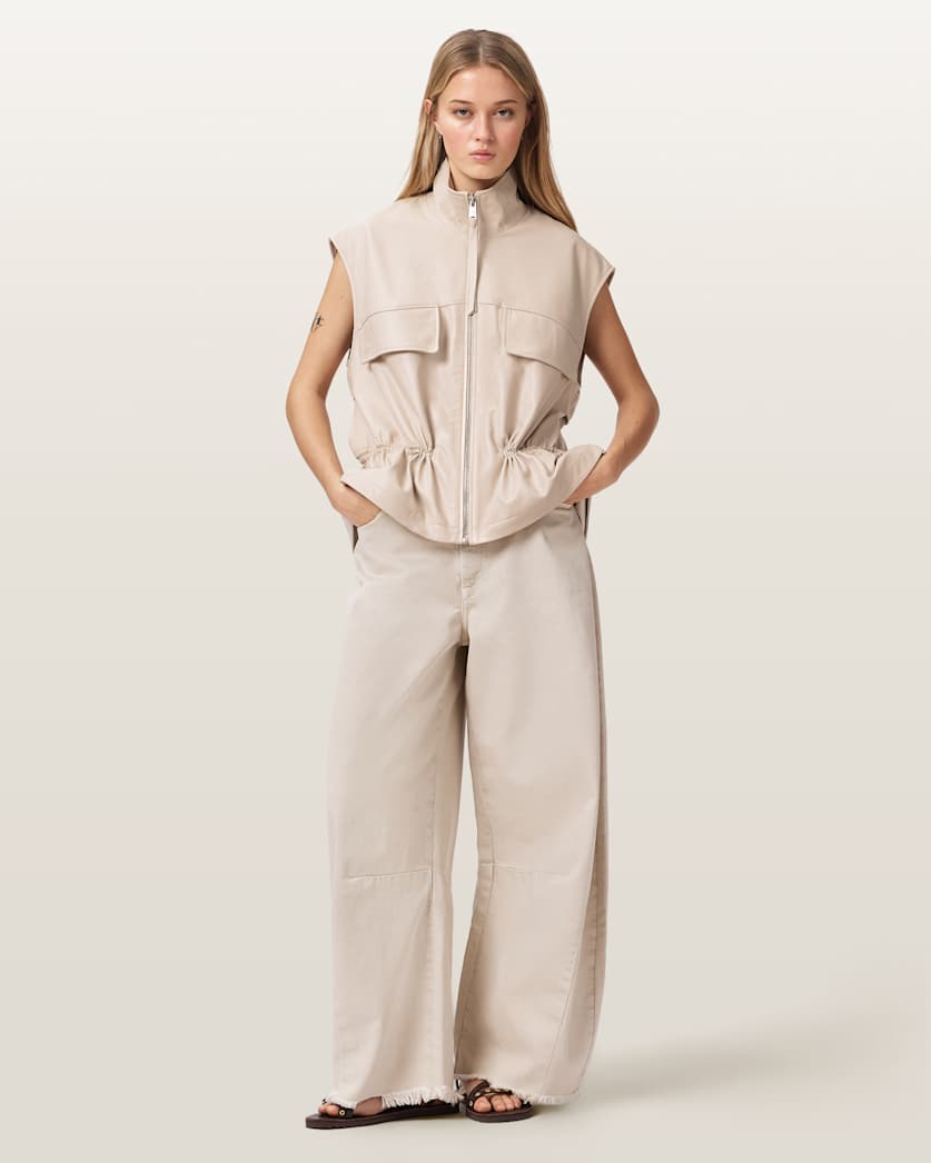 AllSaints Flor Relaxed Fit Leather Gilet Women's Antique White Women's
