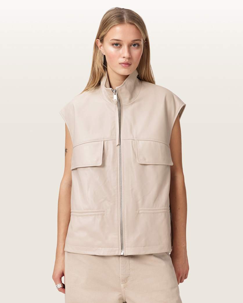 AllSaints Flor Relaxed Fit Leather Gilet Women's Antique White Women's