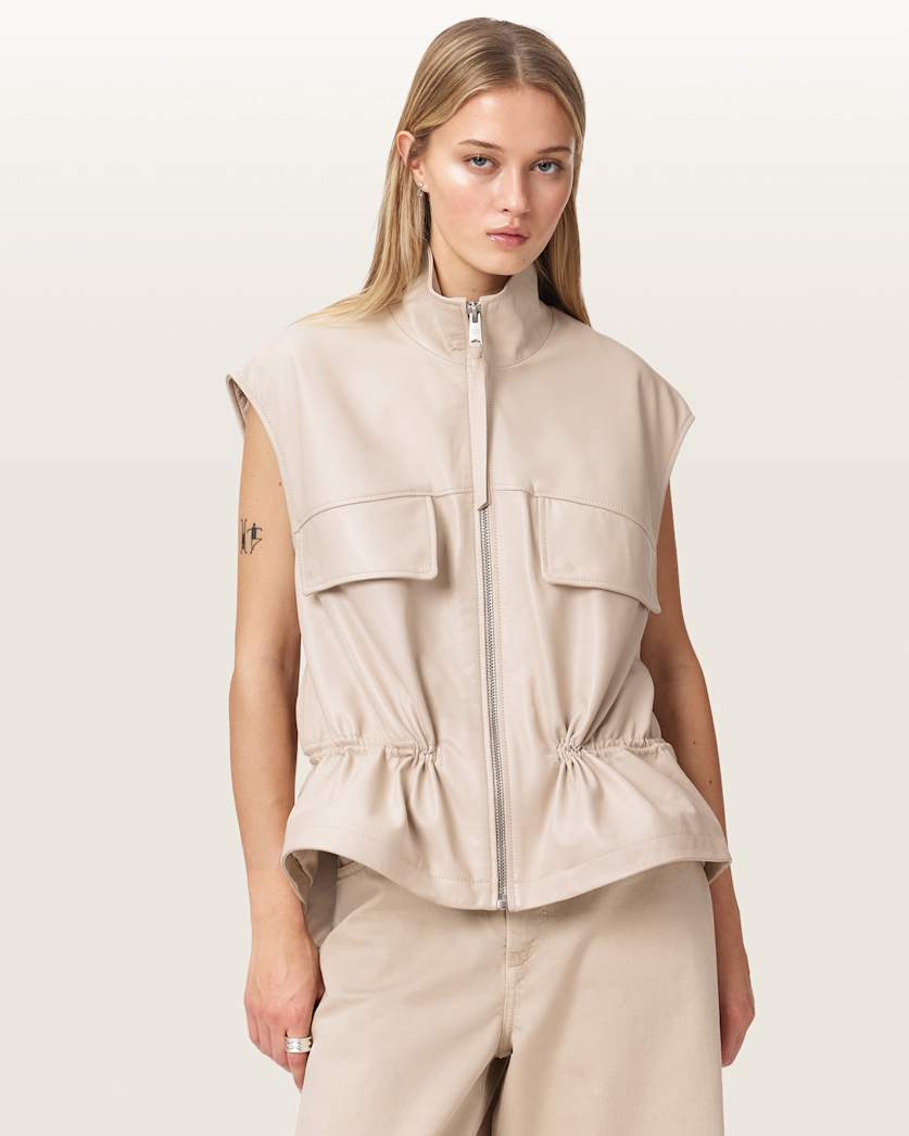 AllSaints Flor Relaxed Fit Leather Gilet Women's Antique White Women's
