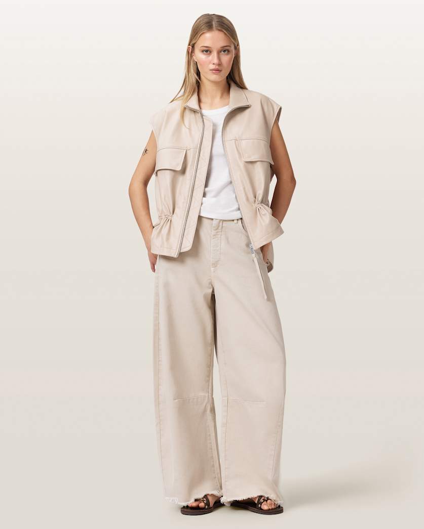 AllSaints Flor Relaxed Fit Leather Gilet Women's Antique White Women's
