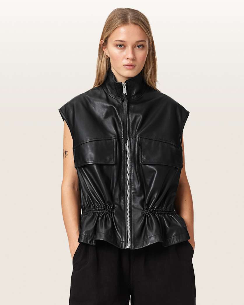 AllSaints Flor Relaxed Fit Leather Gilet Women's Antique White Women's