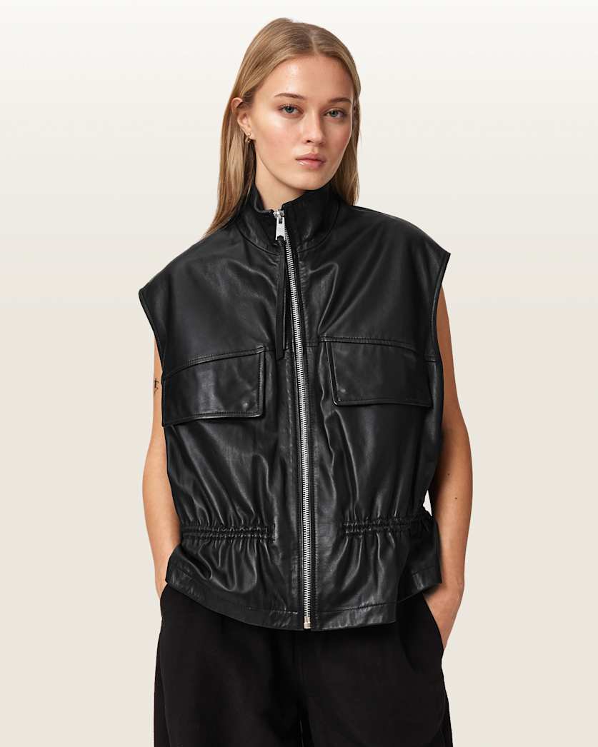 AllSaints Flor Relaxed Fit Leather Gilet Women's Antique White Women's
