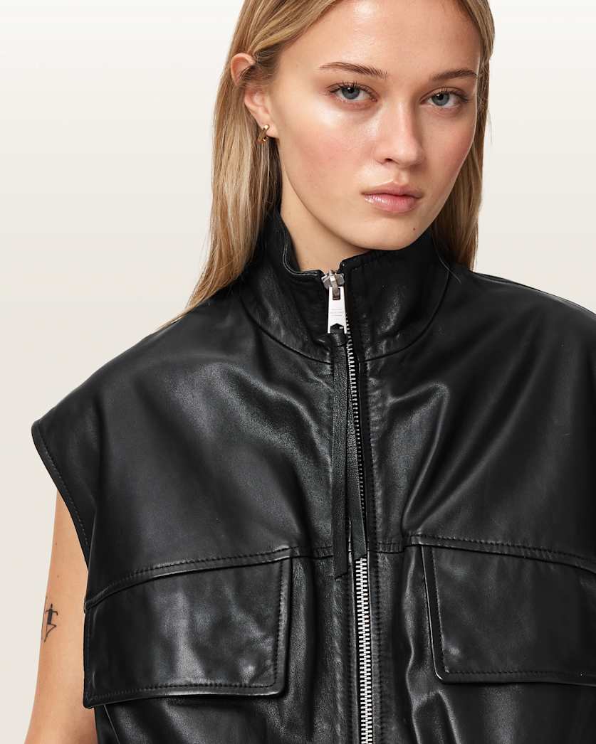 AllSaints Flor Relaxed Fit Leather Gilet Women's Antique White Women's