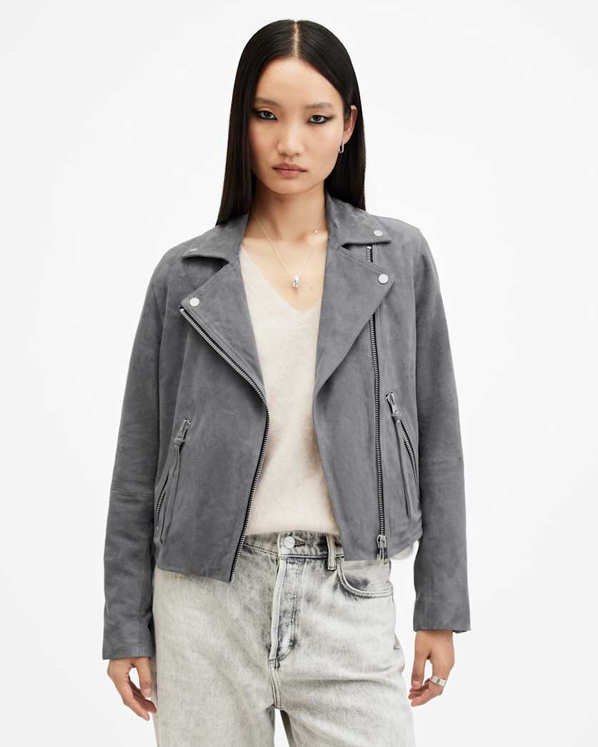 AllSaints Dalby Slim Fit Suede Biker Jacket Women's Ghost Grey Women's