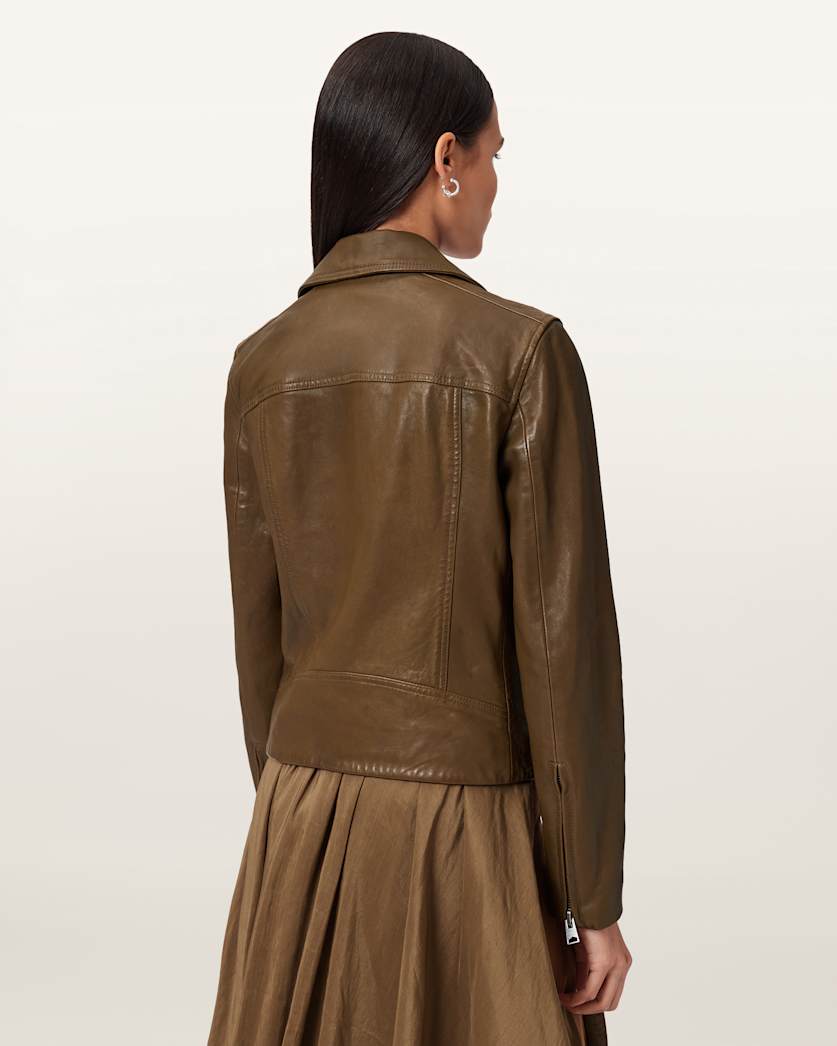 AllSaints Dalby Slim Fit Leather Biker Jacket Women's Fango Green Women's