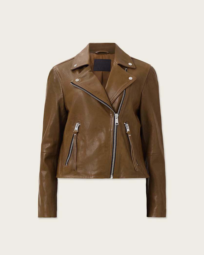 AllSaints Dalby Slim Fit Leather Biker Jacket Women's Fango Green Women's