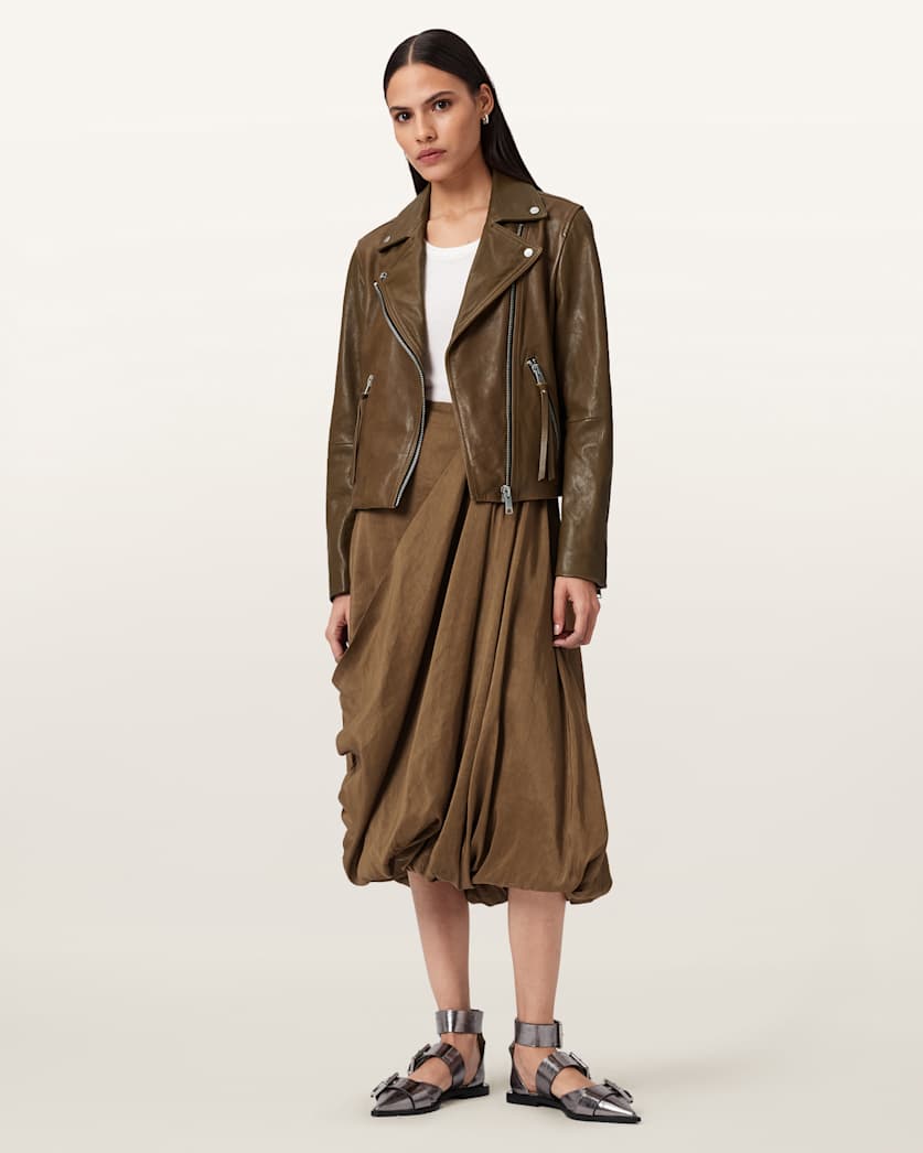 AllSaints Dalby Slim Fit Leather Biker Jacket Women's Fango Green Women's