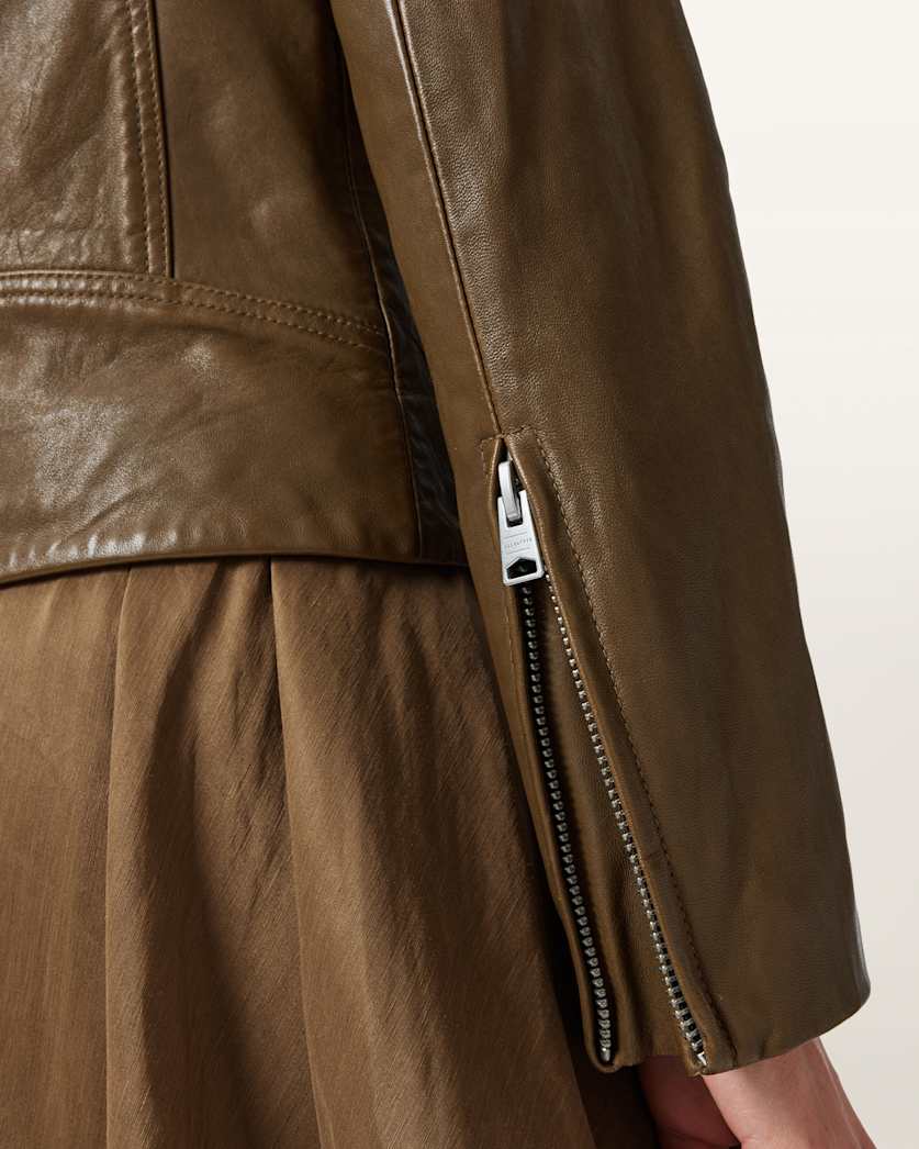 AllSaints Dalby Slim Fit Leather Biker Jacket Women's Fango Green Women's