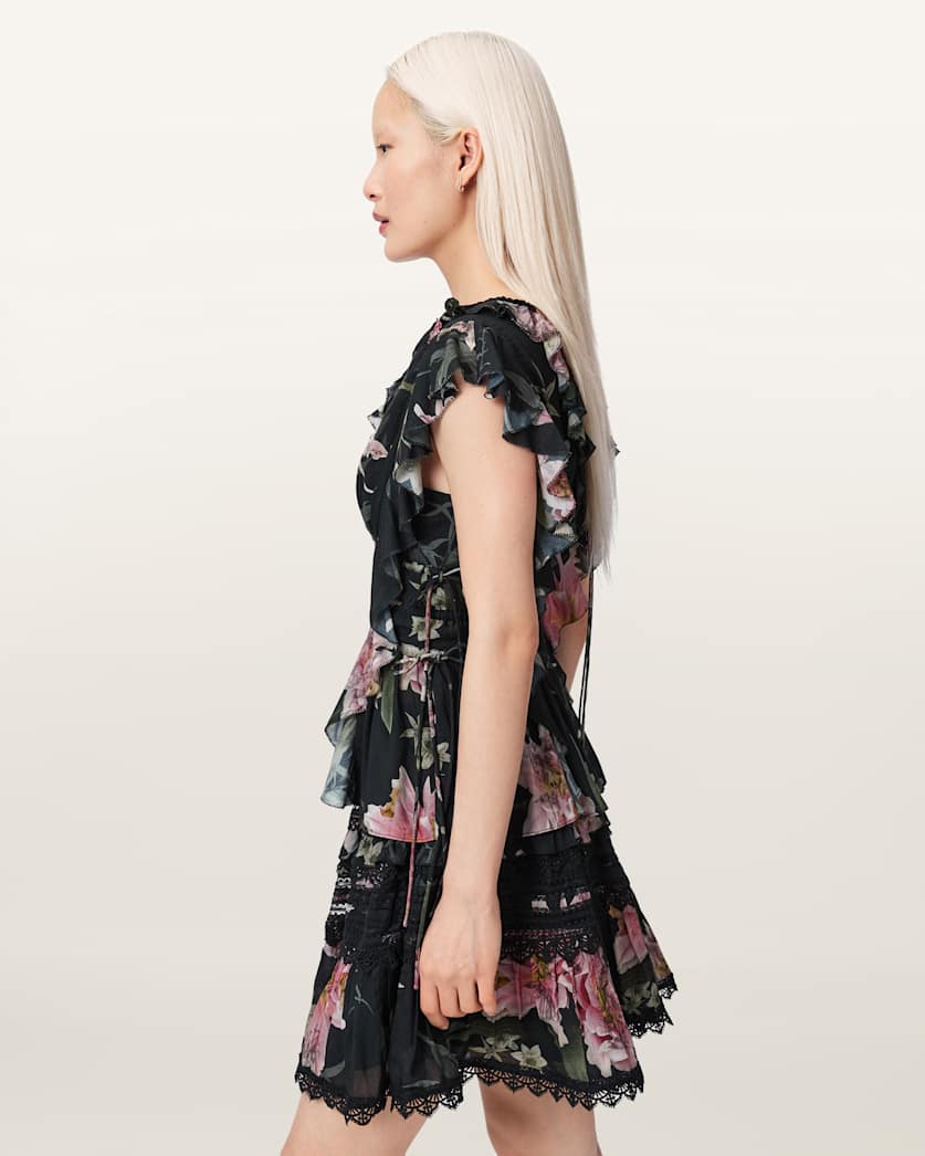 AllSaints Canto Printed Ruffle Tiered Top Women's Crystal/Black Women's