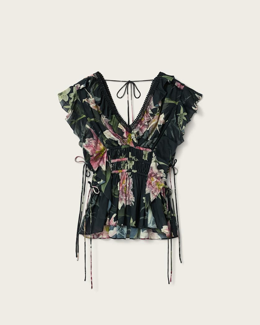 AllSaints Canto Printed Ruffle Tiered Top Women's Crystal/Black Women's