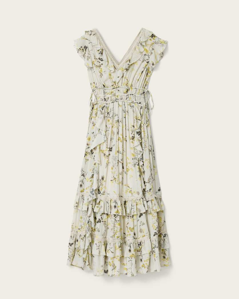 AllSaints Canto Floral Ruffled Maxi Dress Women's Carmel Stem Green Women's