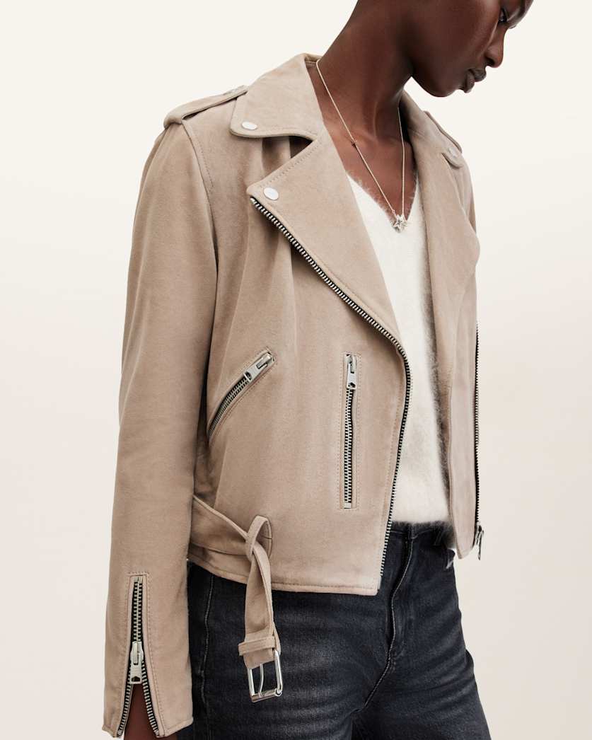 AllSaints Balfern Belted Suede Biker Jacket Women's Warm Taupe Grey Women's