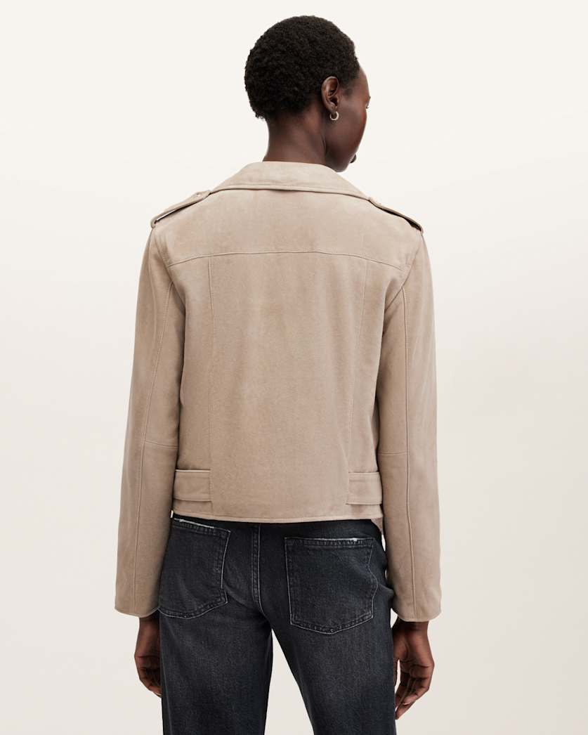 AllSaints Balfern Belted Suede Biker Jacket Women's Warm Taupe Grey Women's