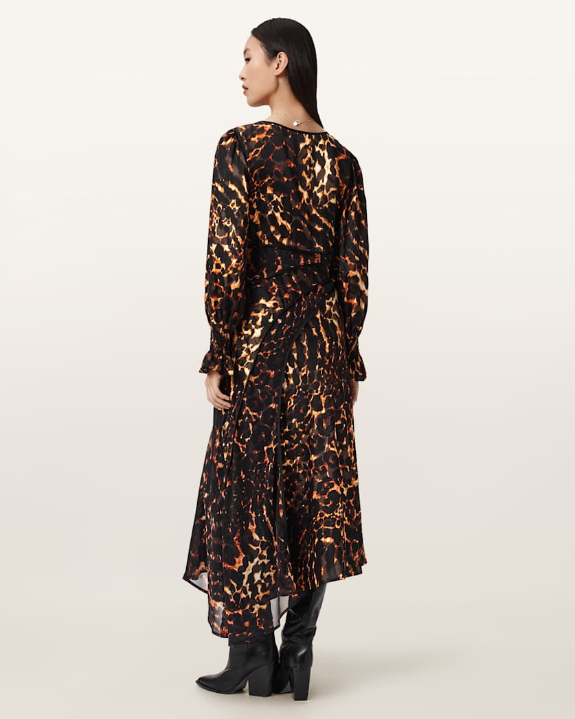 AllSaints Danni Shirr Midi Dress Women's Pardus Flame Brown Women's