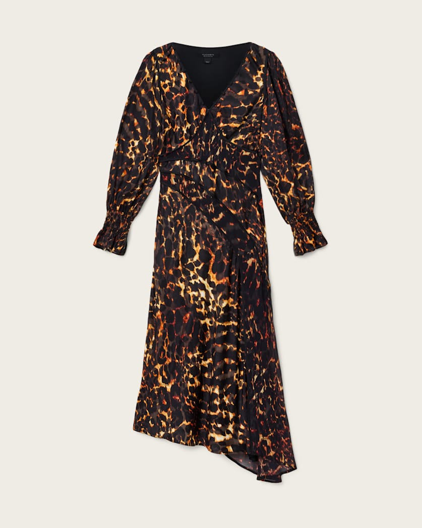 AllSaints Danni Shirr Midi Dress Women's Pardus Flame Brown Women's