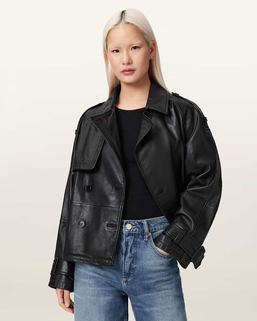 AllSaints Reya Cropped Leather Mac Women's Black Women's