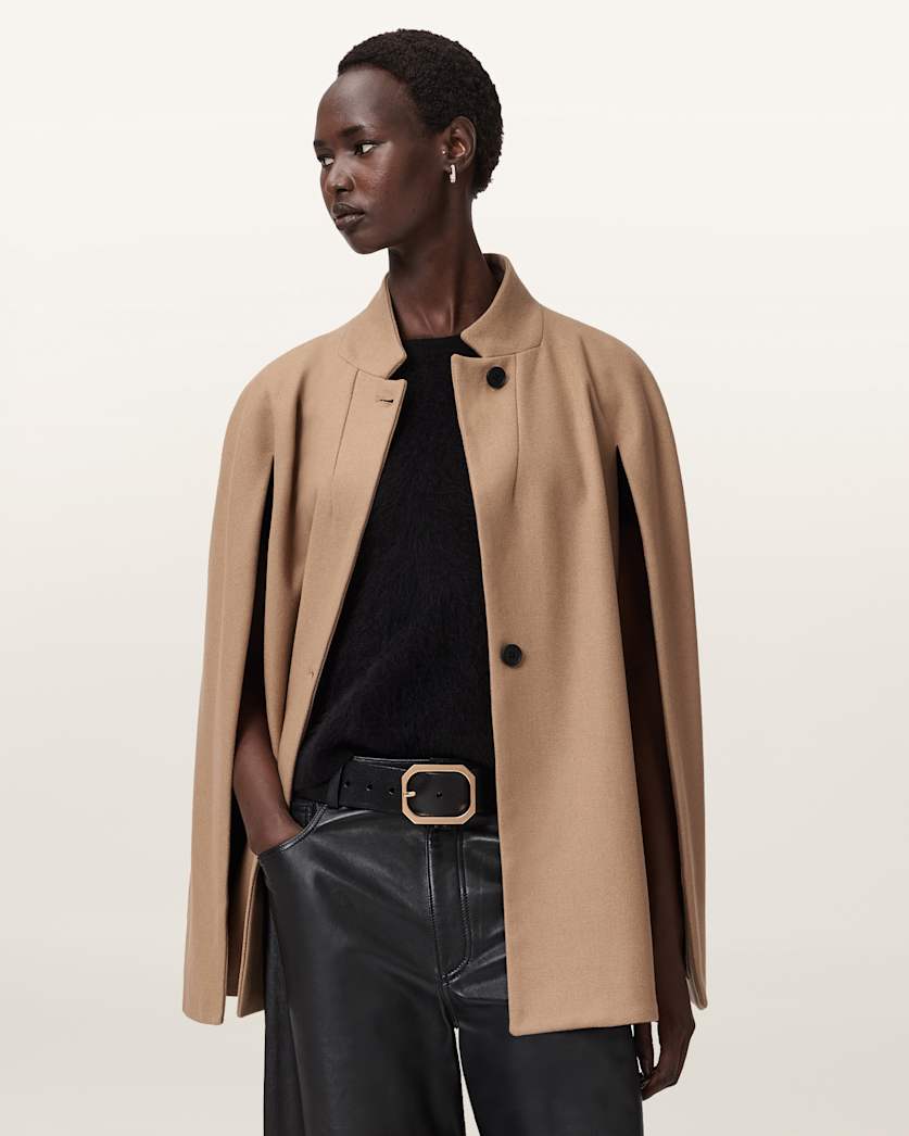 AllSaints Lunis Wool Cape Coat Women's Camel Brown Women's