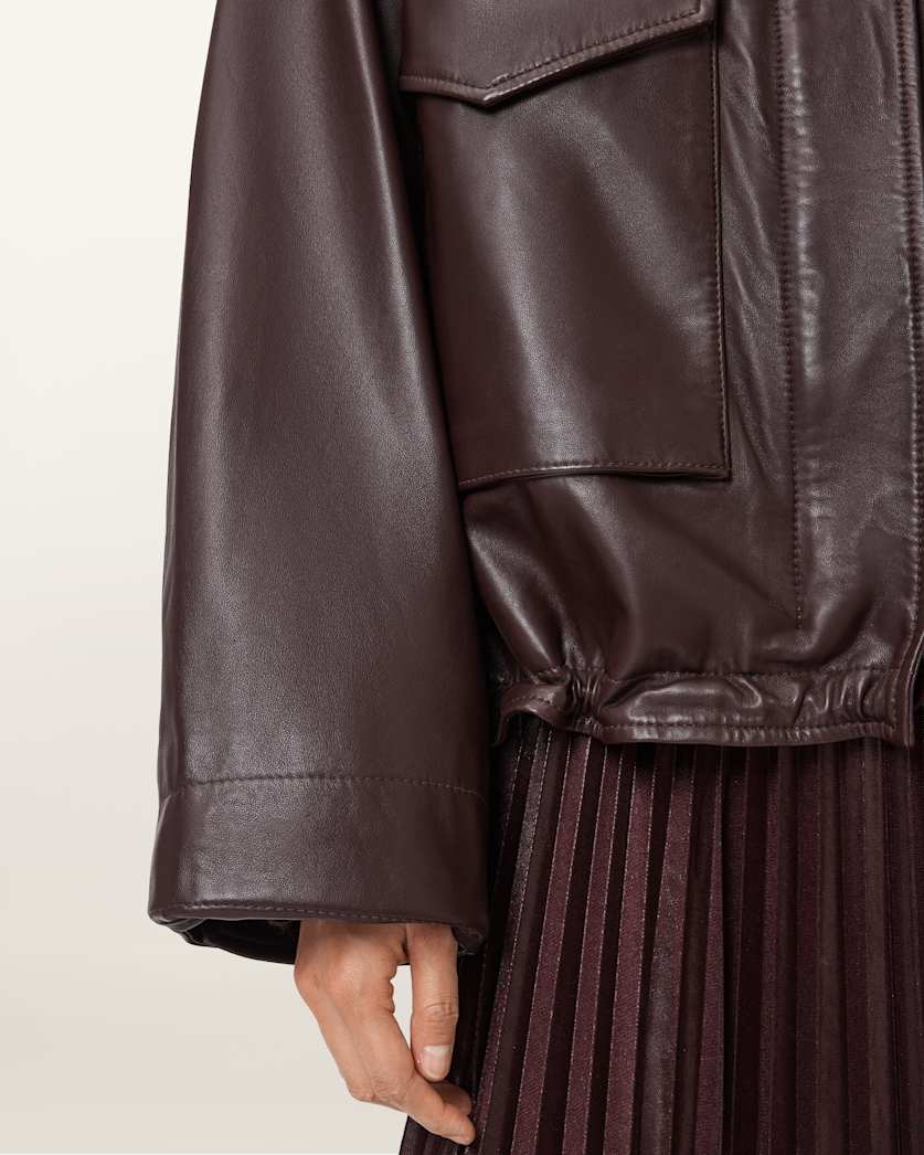 AllSaints Clay Funnel Neck Leather Jacket Women's Oxblood Red Women's
