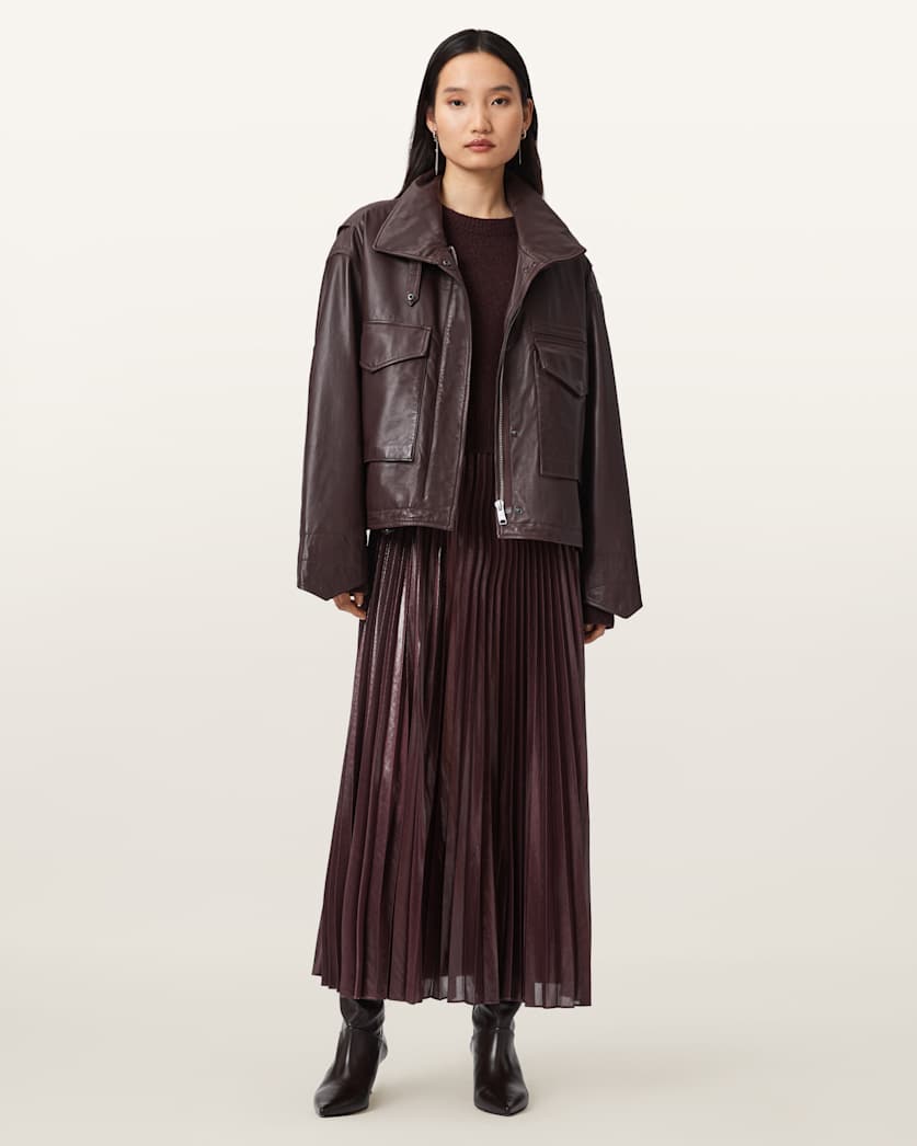 AllSaints Clay Funnel Neck Leather Jacket Women's Oxblood Red Women's