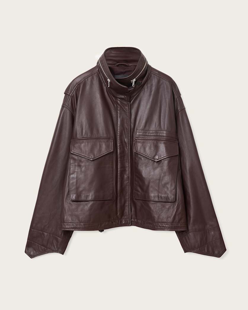 AllSaints Clay Funnel Neck Leather Jacket Women's Oxblood Red Women's