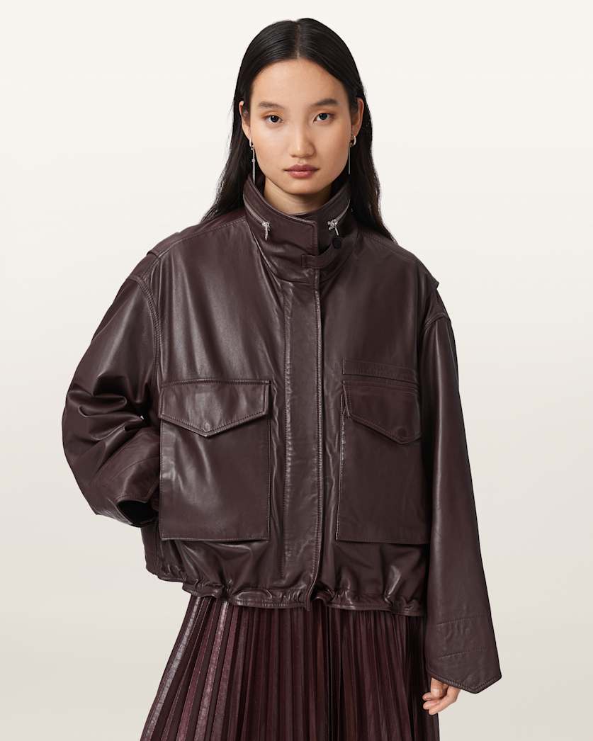 AllSaints Clay Funnel Neck Leather Jacket Women's Oxblood Red Women's