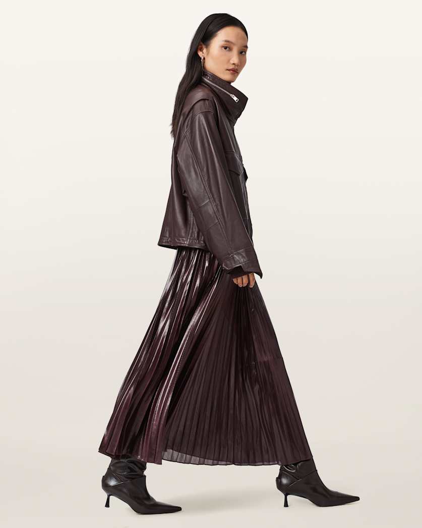 AllSaints Clay Funnel Neck Leather Jacket Women's Oxblood Red Women's
