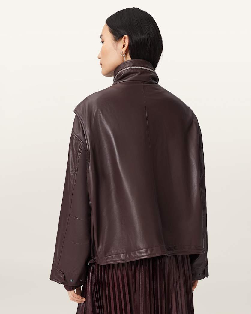 AllSaints Clay Funnel Neck Leather Jacket Women's Oxblood Red Women's