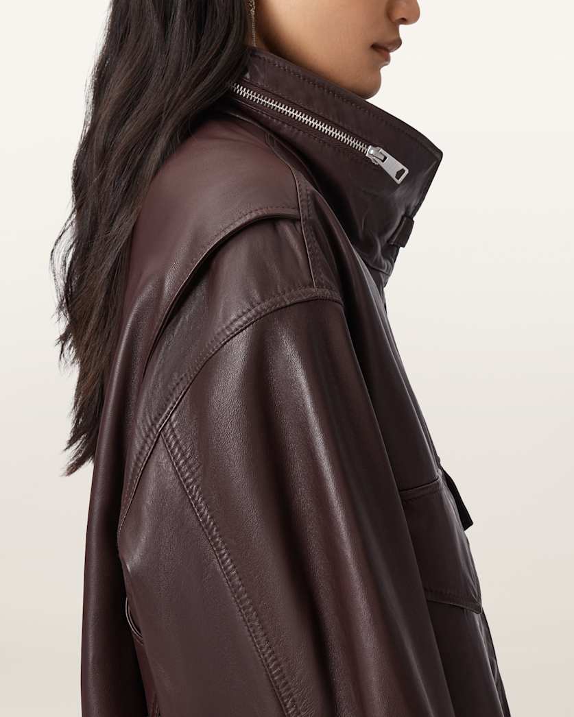 AllSaints Clay Funnel Neck Leather Jacket Women's Oxblood Red Women's