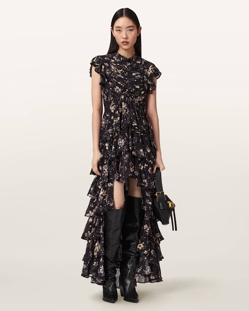 AllSaints Shaela Floral Frill Maxi Dress Women's Vine Black Women's