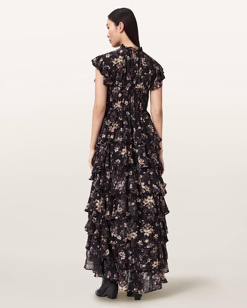 AllSaints Shaela Floral Frill Maxi Dress Women's Vine Black Women's