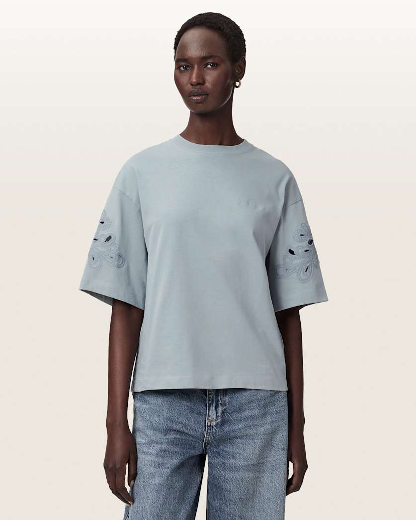 AllSaints Lola Amelie Oversized Cotton T Shirt Women's High Rise Blue Women's