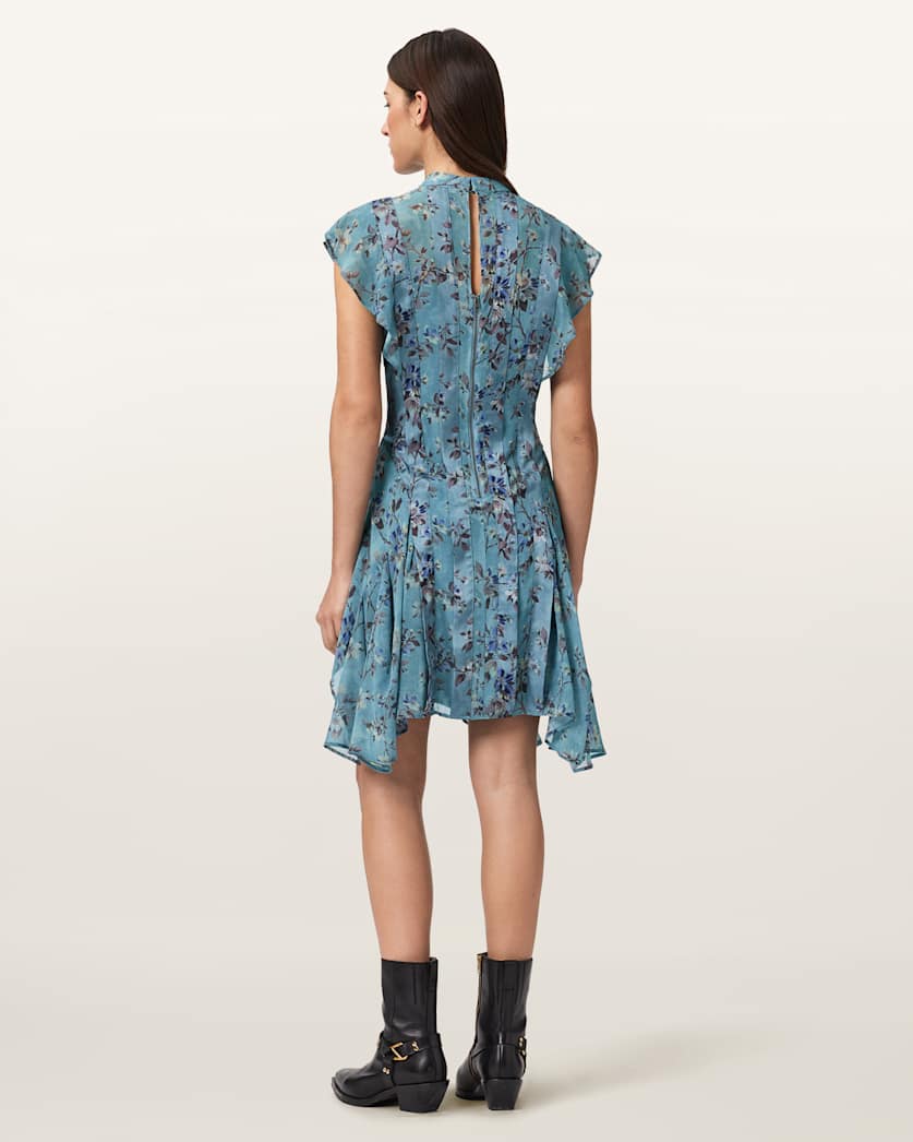 AllSaints Fleur Printed Asymmetric Mini Dress Women's Vine Lake Blue Women's