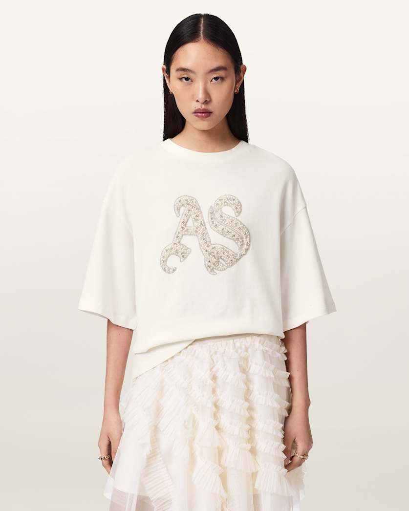 AllSaints Icon Amelie Oversized Embellished T Shirt Women's Optic White Women's