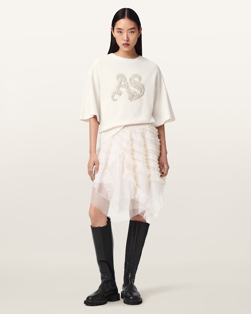 AllSaints Icon Amelie Oversized Embellished T Shirt Women's Optic White Women's