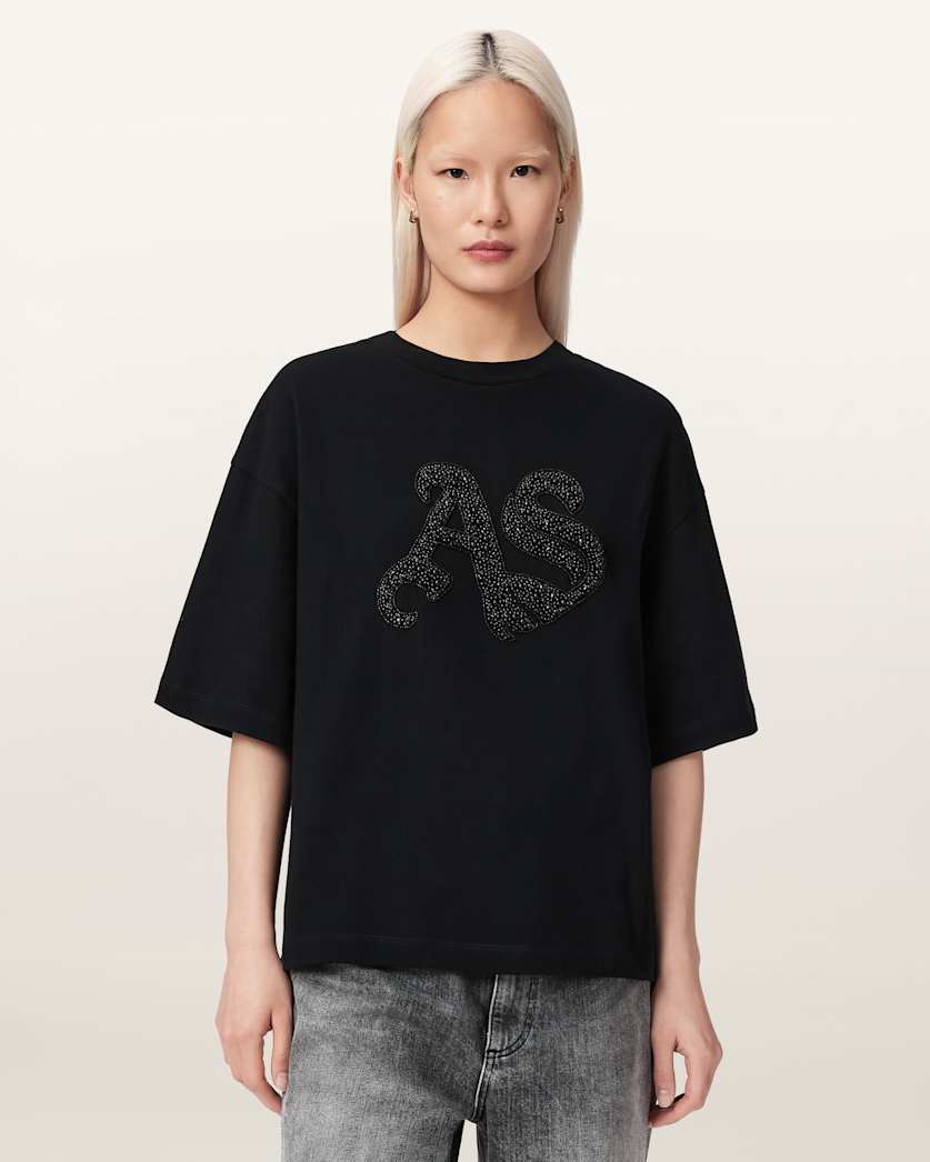 AllSaints Icon Amelie Oversized Embellished T Shirt Women's Optic White Women's