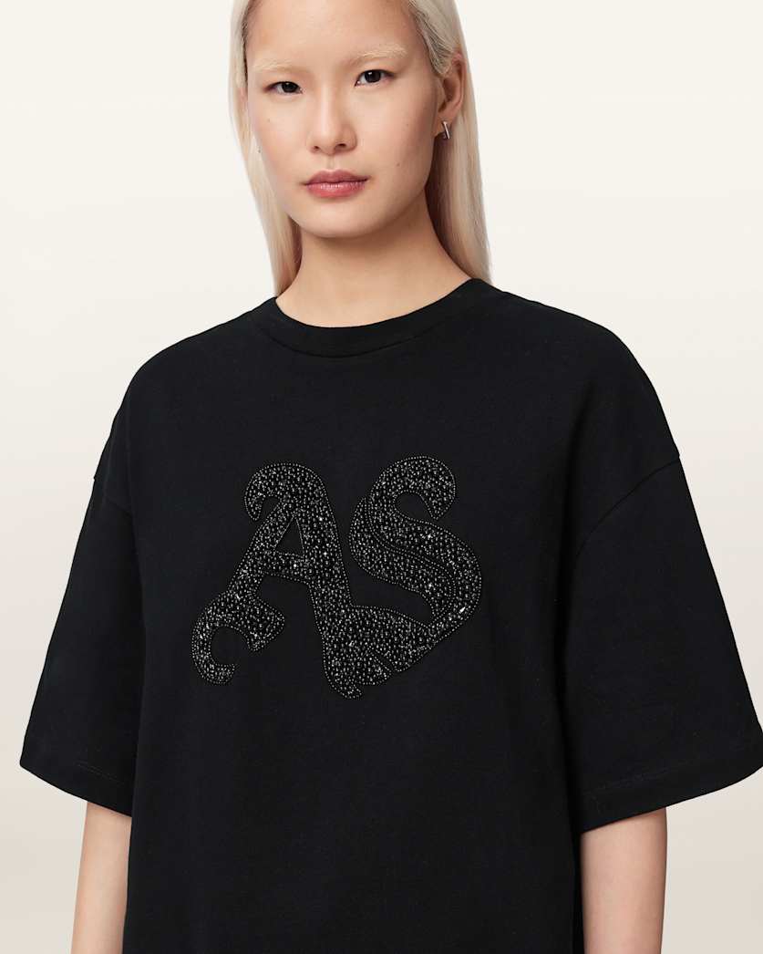 AllSaints Icon Amelie Oversized Embellished T Shirt Women's Optic White Women's