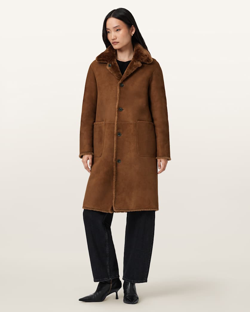 AllSaints Serra Reversible Shearling Coat Women's Conker Brown Women's