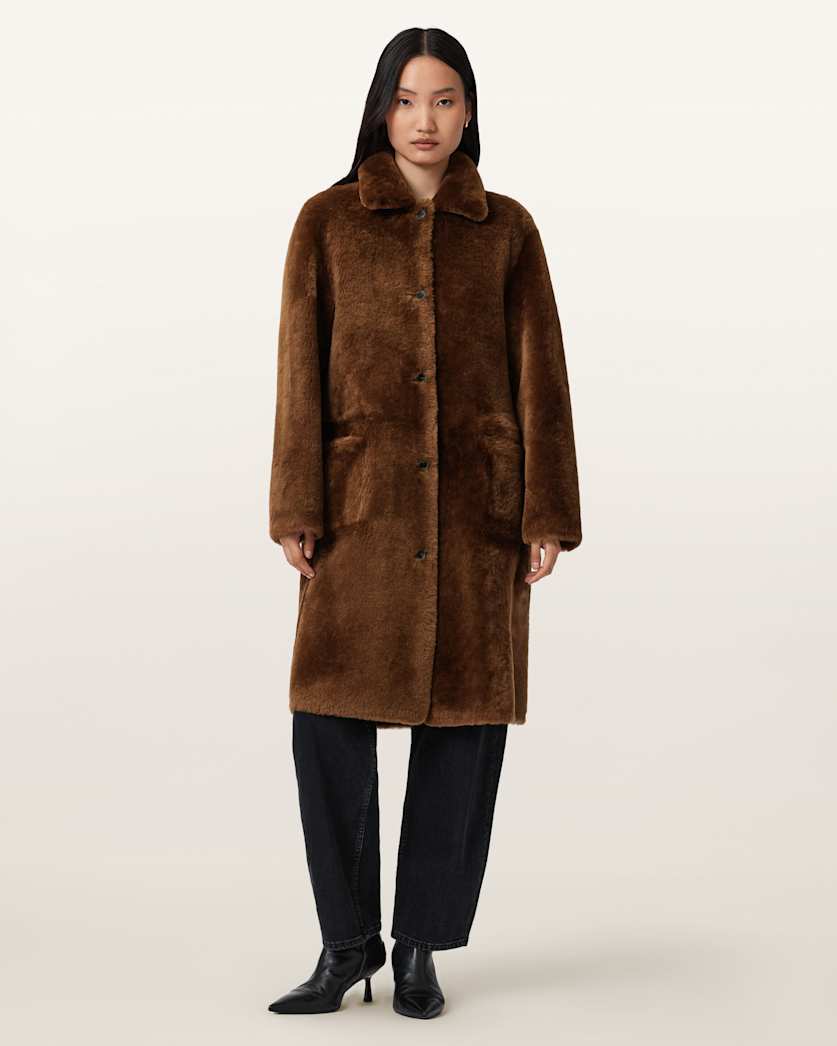 AllSaints Serra Reversible Shearling Coat Women's Conker Brown Women's