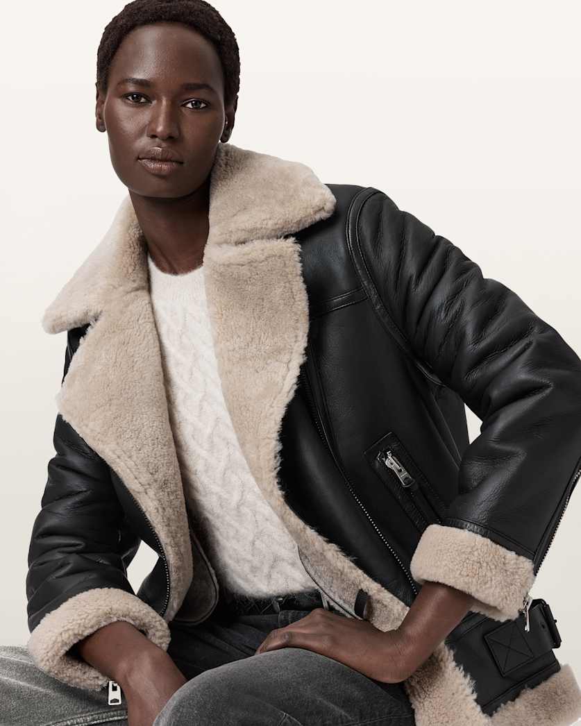 AllSaints Sola Shearling Biker Jacket Women's Black/Natural Women's
