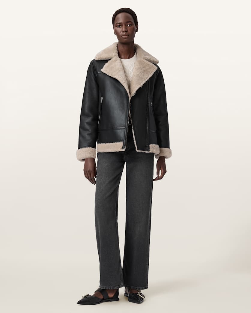 AllSaints Sola Shearling Biker Jacket Women's Black/Natural Women's